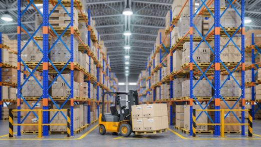 Forklift truck in warehouse or storage and shelves with cardboard boxes.